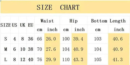 Size chart for EtherealBe milk silk casual pants for women with measurements for waist, hip, and length