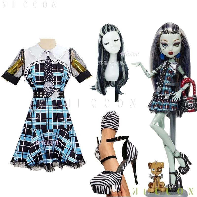 Monster High Franky Stein girl dress Halloween outfit featuring a stylish plaid design and doll accessories