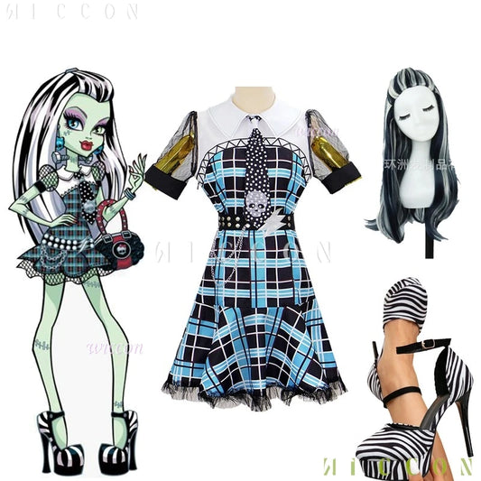 Monster High Franky Stein girl dress Halloween outfit with plaid design and matching accessories