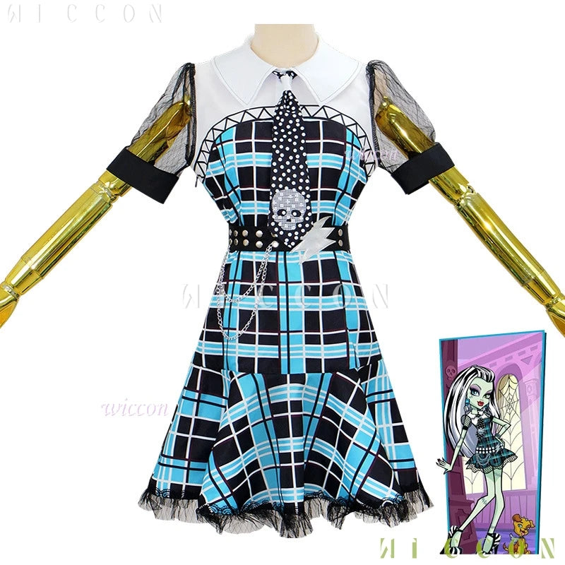 Monster High Franky Stein girl dress Halloween outfit featuring a plaid design and skull accents