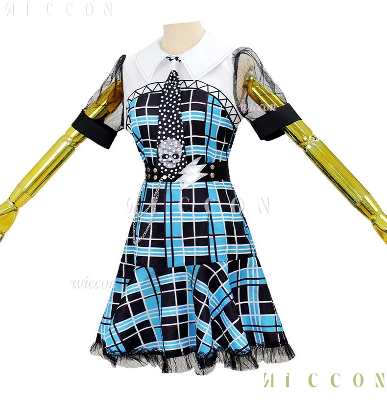 Monster High Franky Stein girl dress Halloween outfit in blue plaid with black accents and a white collar