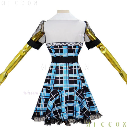 Monster High Franky Stein girl dress Halloween outfit featuring a plaid design and mesh sleeves