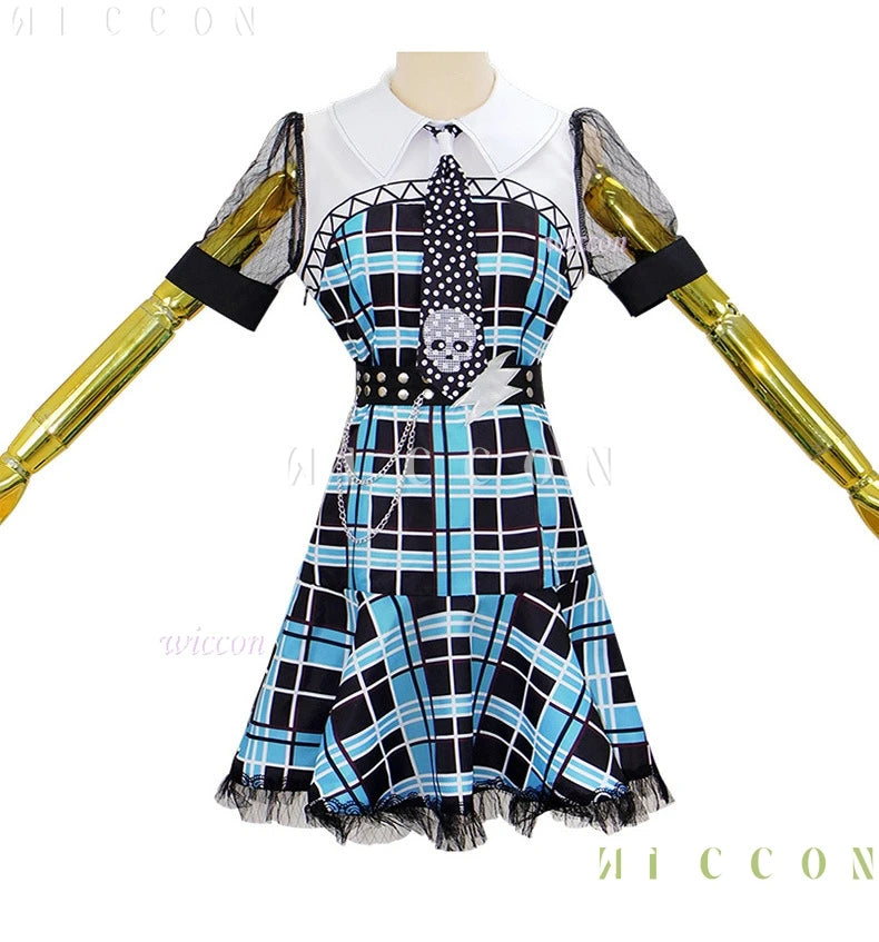 Monster High Franky Stein girl dress Halloween outfit with plaid design and unique collar