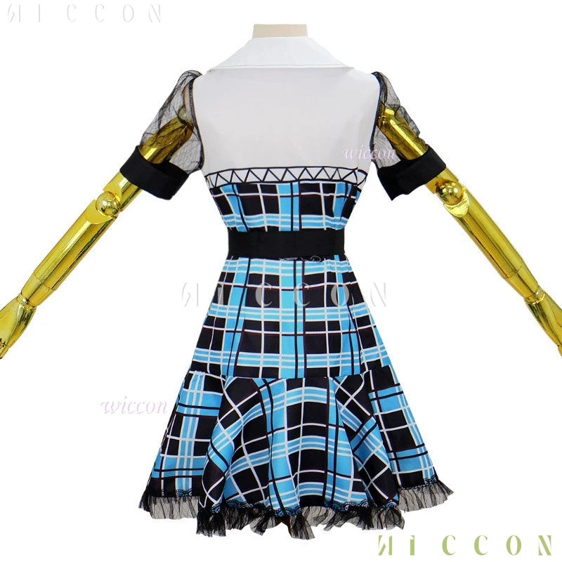 Monster High Franky Stein girl dress Halloween outfit with blue plaid pattern and puff sleeves