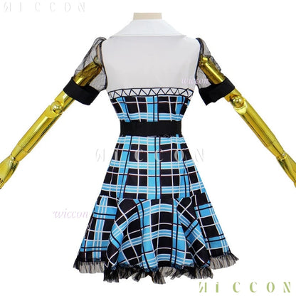 Monster High Franky Stein girl dress Halloween outfit with blue plaid pattern and puff sleeves
