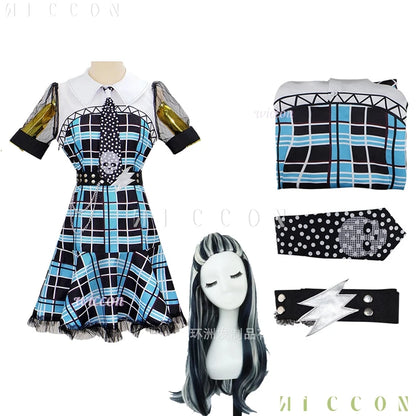 Monster High Franky Stein girl dress Halloween outfit with accessories and wig for kids
