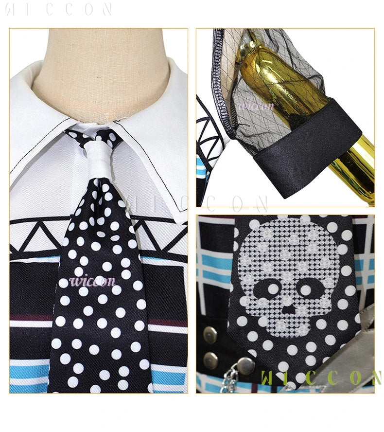 Detail shots of Monster High Franky Stein girl dress Halloween outfit showcasing polka dots and skull design