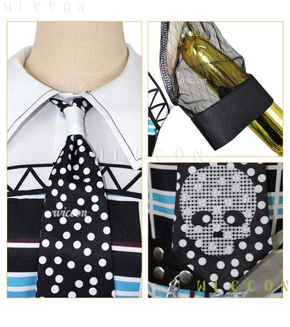 Detail shots of Monster High Franky Stein girl dress Halloween outfit showcasing polka dots and skull design