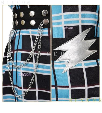 Monster High Franky Stein girl dress Halloween outfit with edgy details and vibrant blue plaid design