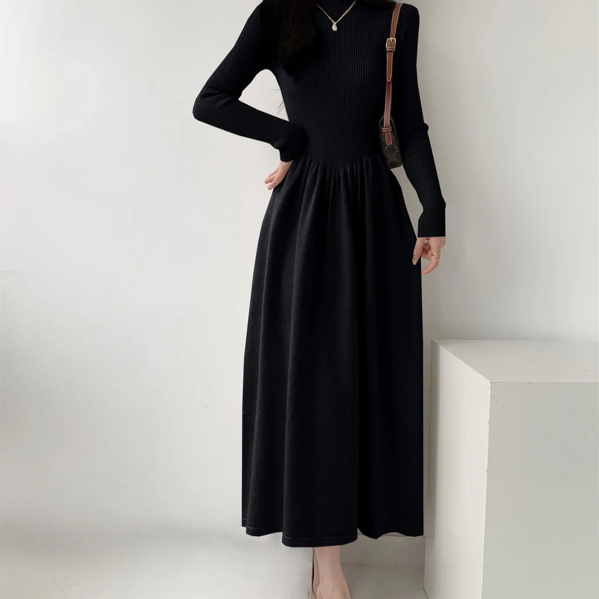 EtherealBe Long Black Ribbed Maxi Dress with Long Sleeves and Flared Skirt