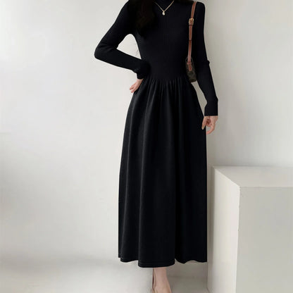 EtherealBe Long Black Ribbed Maxi Dress with Long Sleeves and Flared Skirt