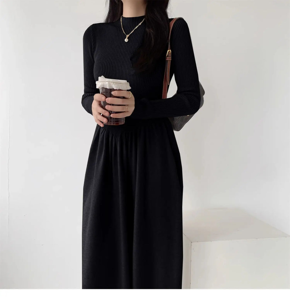 EtherealBe Black Long Sleeve Ribbed Midi Dress with Flattering Fit and Casual Style