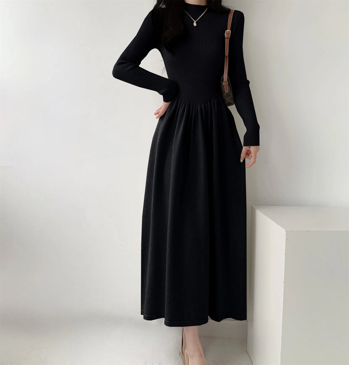 EtherealBe Women's Black Ribbed Maxi Dress with Long Sleeves and Flowy Skirt for Elegant Style