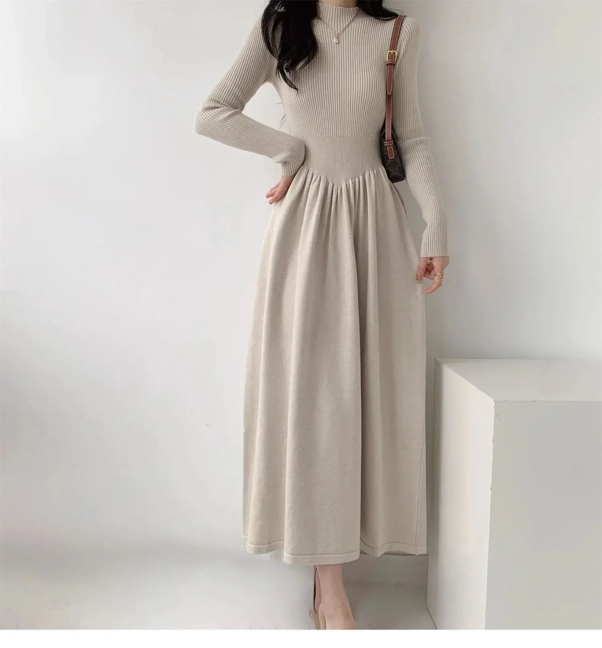 EtherealBe Long Beige Knit Dress with Ribbed Top and Flowy Skirt for Elegant Casual Wear