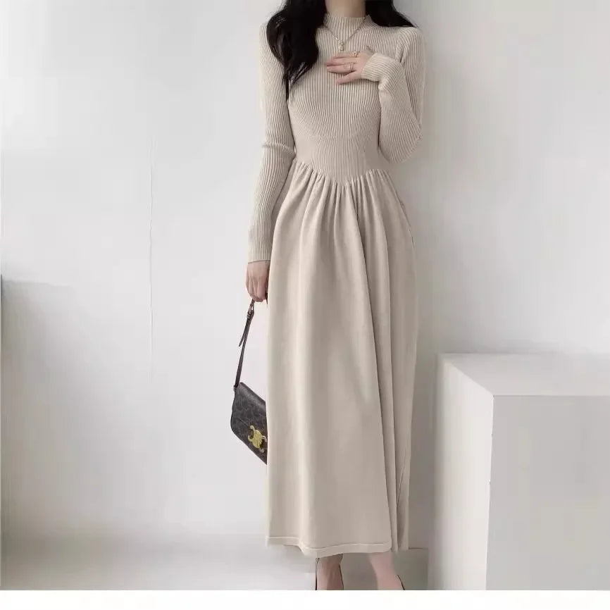EtherealBe Long Sleeve Midi Dress in Beige with Pleated Skirt for Elegant Style