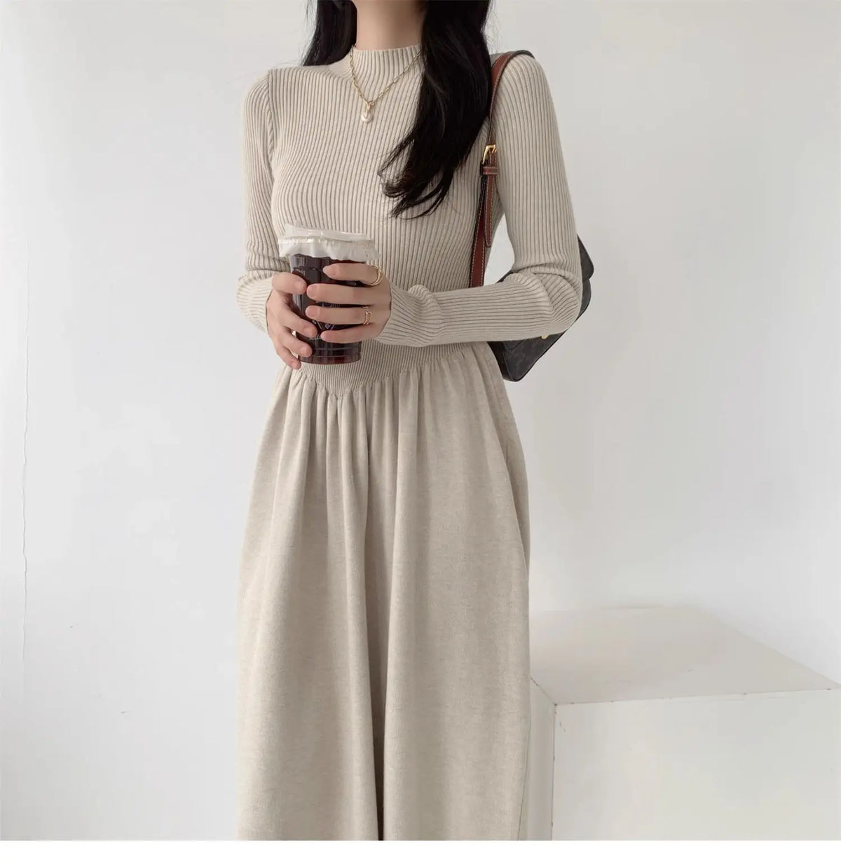 EtherealBe Long Sleeve Ribbed Top in Beige with High-Waisted Pants for a Chic Casual Look