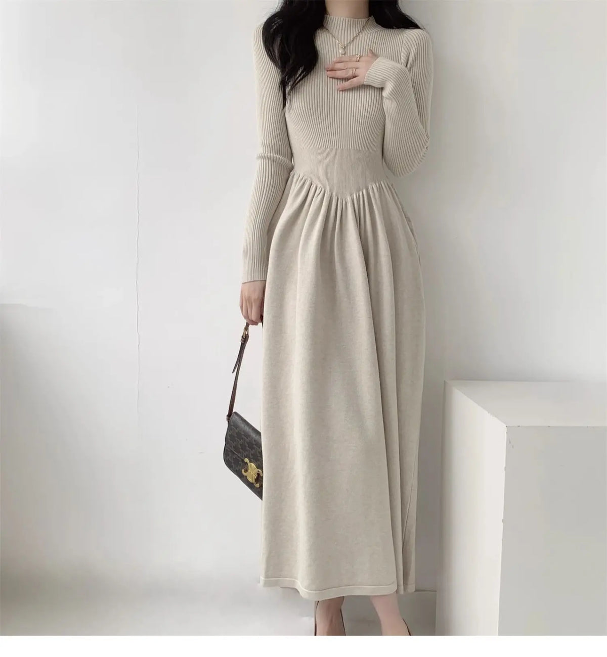 EtherealBe Beige Ribbed Long Sleeve Maxi Dress with Flared Skirt for Elegant Outings