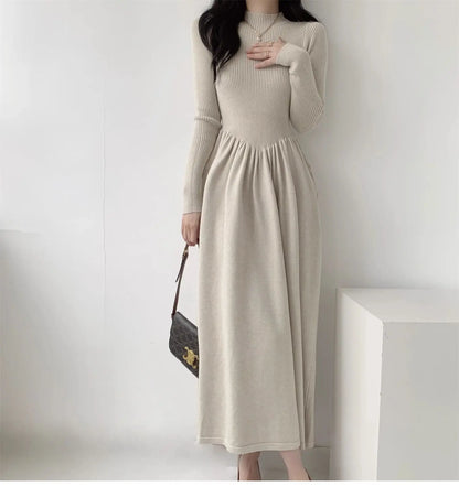 EtherealBe Beige Ribbed Long Sleeve Maxi Dress with Flared Skirt for Elegant Outings
