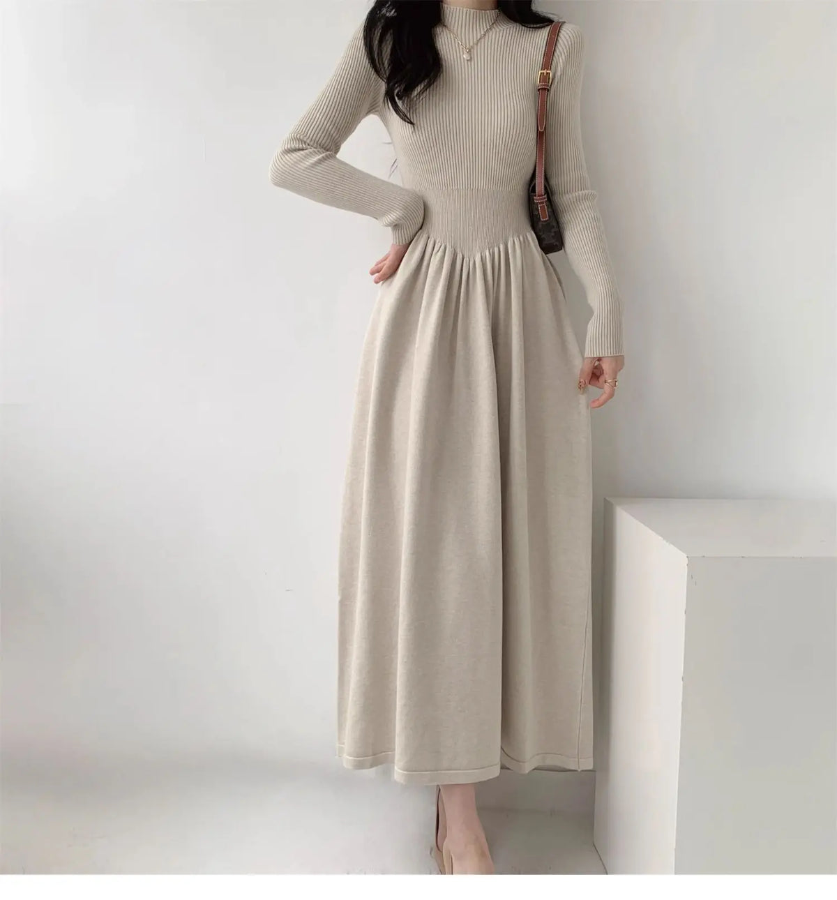 EtherealBe Long Sleeve Knit Dress in Light Beige with Gathered Waist for a Chic Look