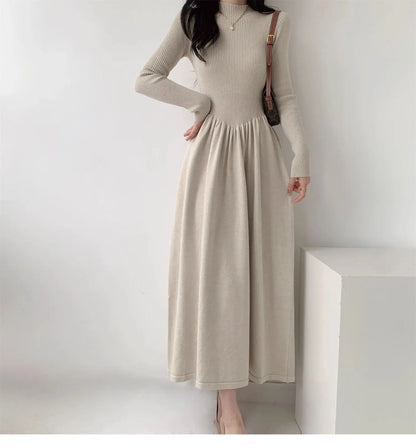 EtherealBe Long Sleeve Knit Dress in Light Beige with Gathered Waist for a Chic Look