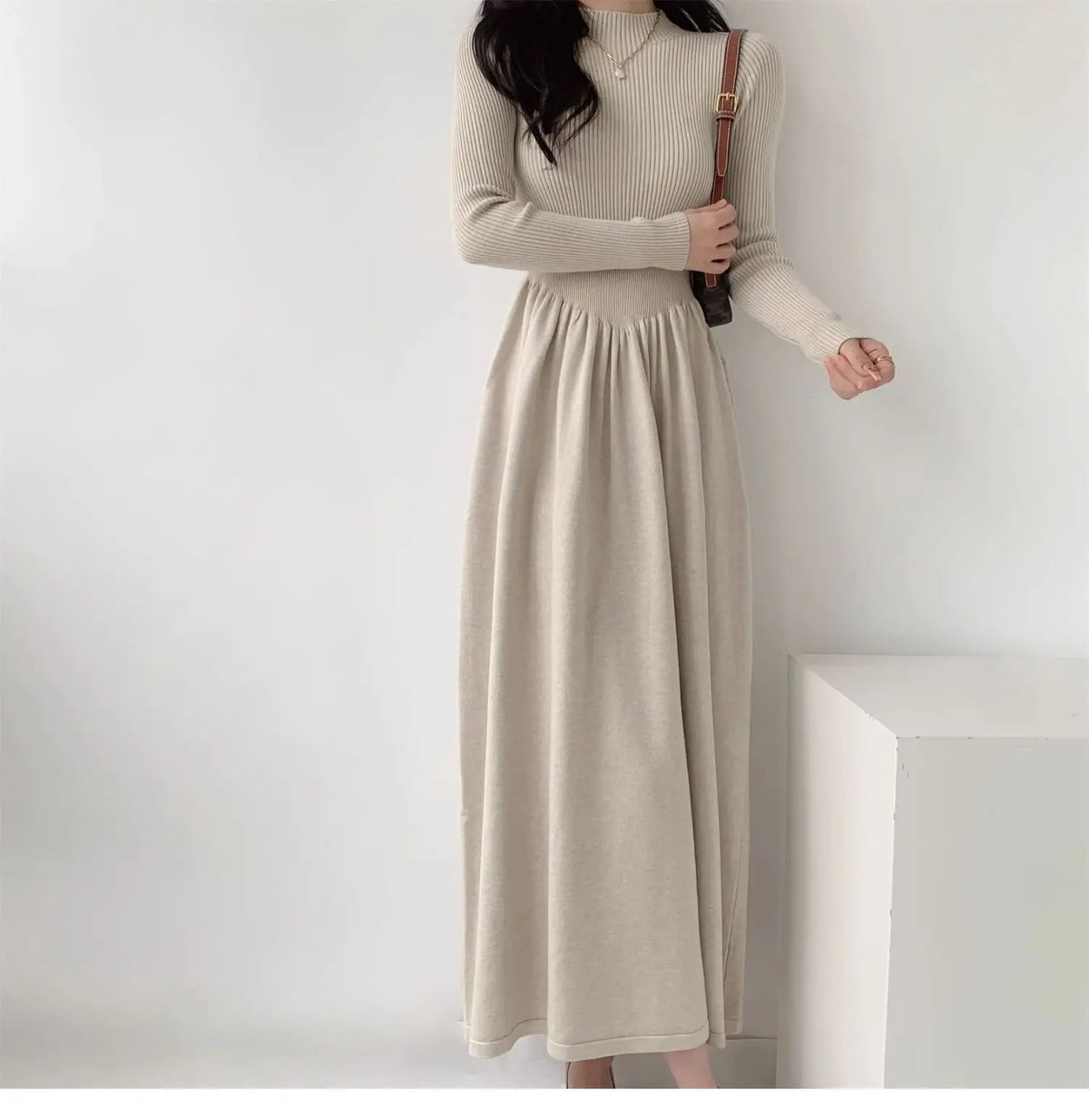 EtherealBe Long Sleeved Beige Maxi Dress with Pleated Skirt for Stylish Comfort