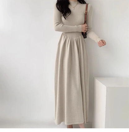 EtherealBe Long Sleeved Beige Maxi Dress with Pleated Skirt for Stylish Comfort