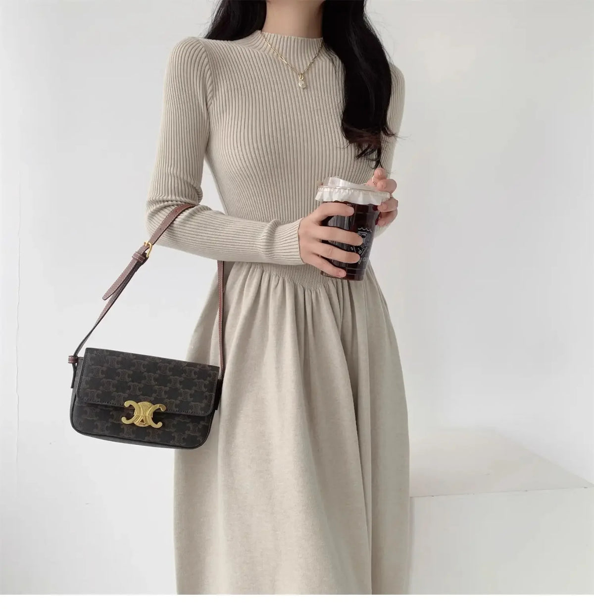 EtherealBe Cream Ribbed Long-Sleeve Dress with Flowy Skirt and Chic Crossbody Bag