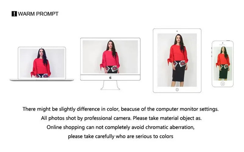 Model wearing a red blouse styled with a chic belt, displayed on various devices for color accuracy