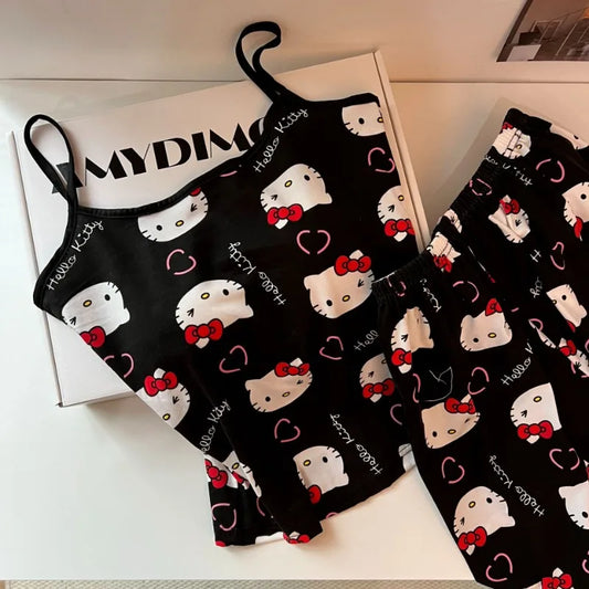Black camisole top and elastic waist pajama pants with Hello Kitty faces and bows Hello Kitty pajama set for women