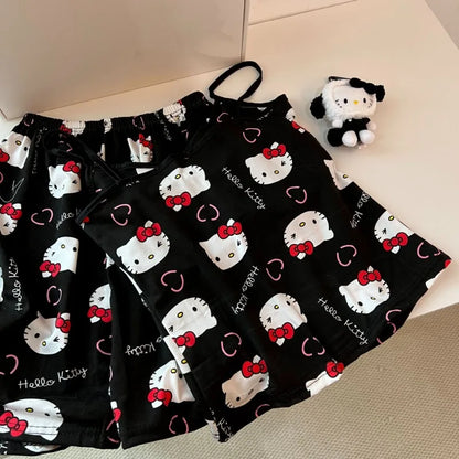 Hello Kitty pajama set for women black cami and shorts with red bows heart print and matching plush