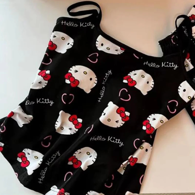 EtherealBe black camisole and shorts Hello Kitty pajama set for women with red bow print and pink hearts