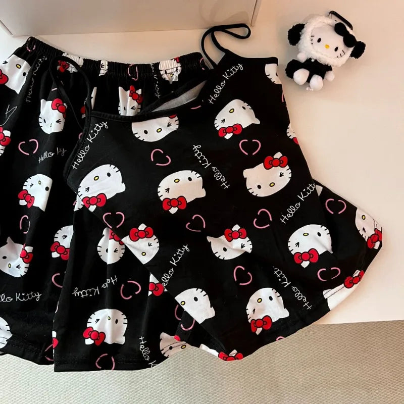 Hello Kitty pajama set for women black camisole and shorts with cute bow print and plush toy
