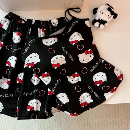 Hello Kitty pajama set for women black camisole and shorts with cute bow print and plush toy