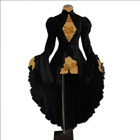 Black lace high collar gown with gold brocade inset long draped sleeves and train vintage medieval cosplay costume for women