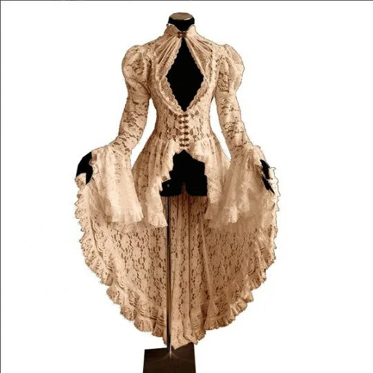 Beige lace gown with corset bodice bell sleeves and high low train vintage medieval cosplay costume for women