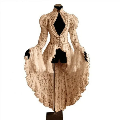 Beige lace gown with corset bodice bell sleeves and high low train vintage medieval cosplay costume for women