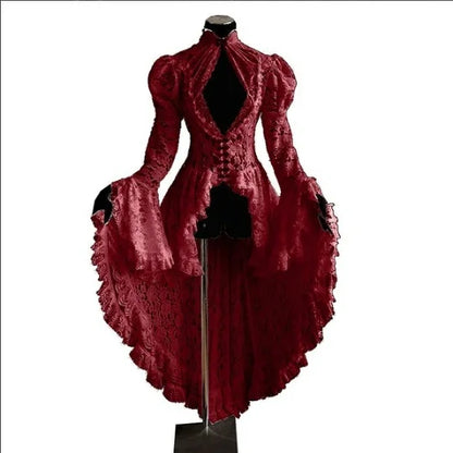 EtherealBe deep red lace high low gown with corset bodice and dramatic bell sleeves vintage medieval cosplay costume for women