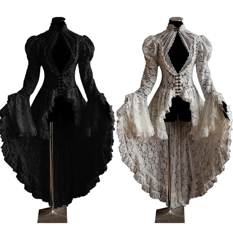 EtherealBe vintage medieval cosplay costume for women lace high low gown with bell sleeves in black and cream