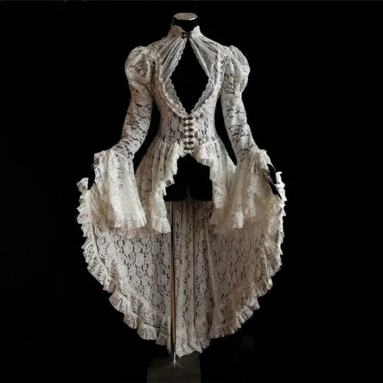 White lace high low gown with corset front and bell sleeves vintage medieval cosplay costume for women