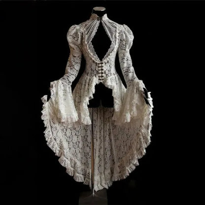 White lace high low gown with corset front and bell sleeves vintage medieval cosplay costume for women