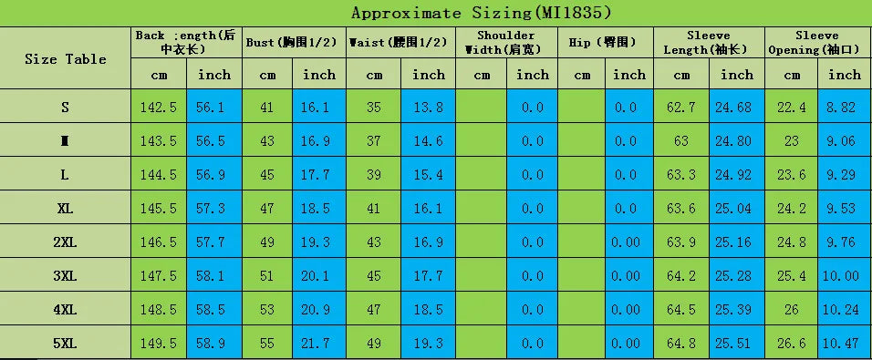 EtherealBe sizing chart showing measurements for vintage medieval cosplay costume for women sizes S to 5XL with cm and inch values
