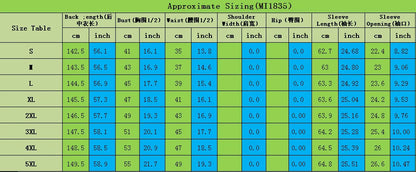 EtherealBe sizing chart showing measurements for vintage medieval cosplay costume for women sizes S to 5XL with cm and inch values