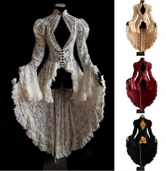 White lace high low gown with corset bodice and bell sleeves vintage medieval cosplay costume for women shown in multiple colors