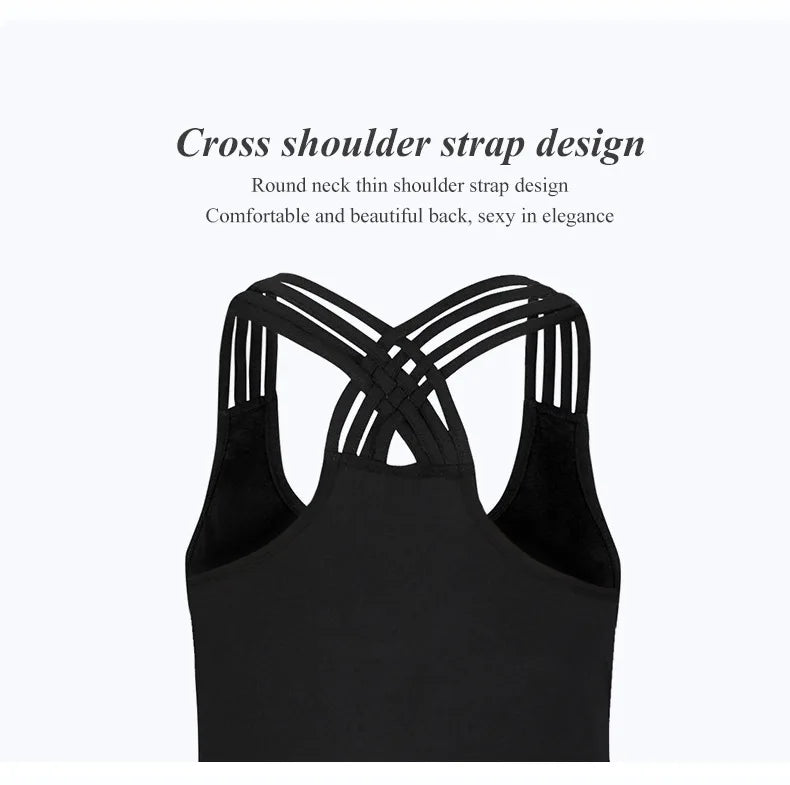 Black women superhero workout tank top with crisscross thin shoulder straps and round neck back design