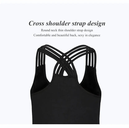 Black women superhero workout tank top with crisscross thin shoulder straps and round neck back design
