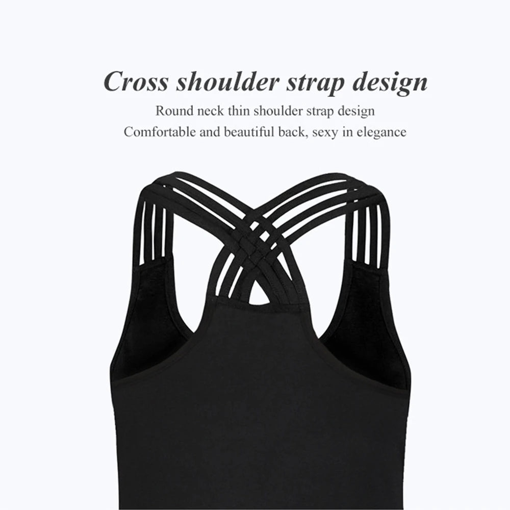 Black women superhero workout tank top with crisscross thin shoulder straps showing stylish back design