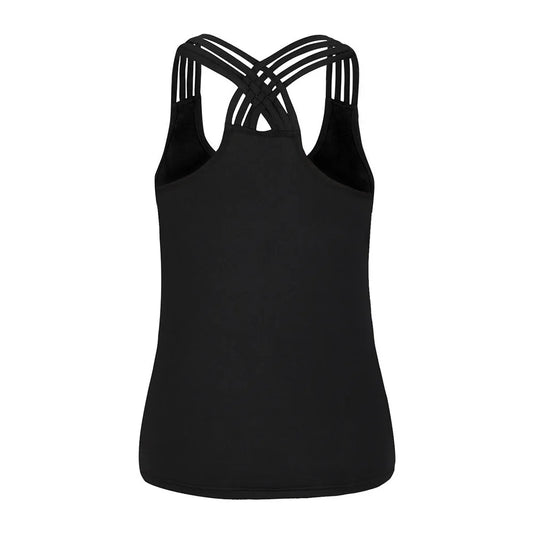 EtherealBe women superhero workout tank top black with strappy crisscross back for gym and yoga