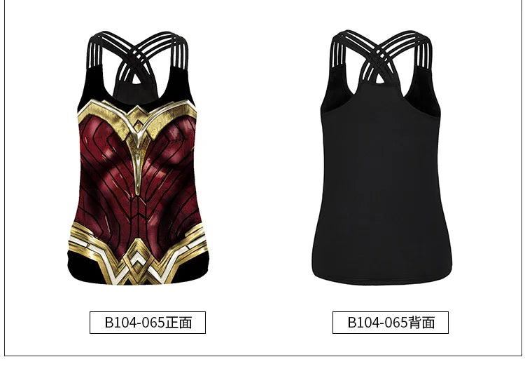 EtherealBe women superhero workout tank top with Wonder Woman style red gold armor print front and black crisscross back