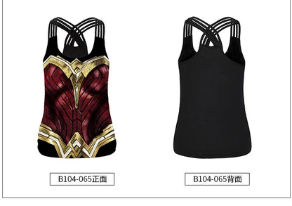 EtherealBe women superhero workout tank top with Wonder Woman style red gold armor print front and black crisscross back
