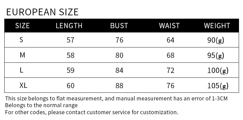 EtherealBe size chart European sizes S M L XL for women superhero workout tank top showing length bust waist weight